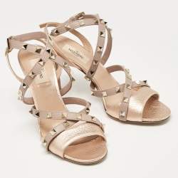 Pre Owned Valentino Rose Gold/Dusty Pink Leather Rockstud Slingback Ankle Strap Sandals Size 39