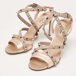 Pre Owned Valentino Rose Gold/Dusty Pink Leather Rockstud Slingback Ankle Strap Sandals Size 39