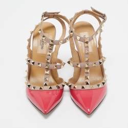 Valentino Pink/Beige Leather and Patent Leather Rockstud Pumps Size 36.5