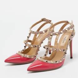 Valentino Pink/Beige Leather and Patent Leather Rockstud Pumps Size 36.5