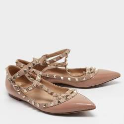 Valentino Pink Patent Leather Rockstud Ankle Strap Ballet Flats Size 38