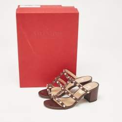 Pre Owned Valentino Burgundy Leather Rockstud Slide Sandals Size 34