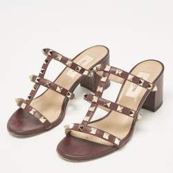 Pre Owned Valentino Burgundy Leather Rockstud Slide Sandals Size 34