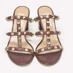Pre Owned Valentino Burgundy Leather Rockstud Slide Sandals Size 34