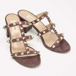 Pre Owned Valentino Burgundy Leather Rockstud Slide Sandals Size 34