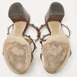 Pre Owned Valentino Burgundy Leather Rockstud Slide Sandals Size 34