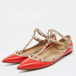 Valentino Orange/Beige Leather Rockstud Ankle Strap Ballet Flats Size 41