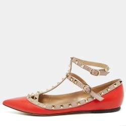 Valentino Orange/Beige Leather Rockstud Ankle Strap Ballet Flats Size 41