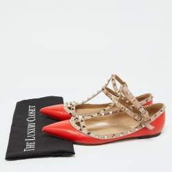 Valentino Orange/Beige Leather Rockstud Ankle Strap Ballet Flats Size 41