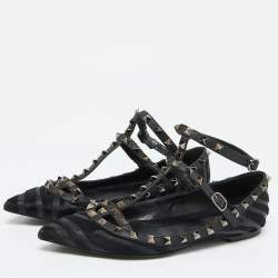 Valentino Black Calf Hair and Leather Rockstud Ankle Strap Ballet Flats Size 38