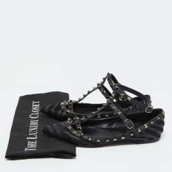 Valentino Black Calf Hair and Leather Rockstud Ankle Strap Ballet Flats Size 38