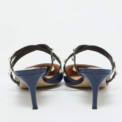 Pre Owned Valentino Navy Blue/Black Leather Rockstud Pointed Toe Mules Size 41