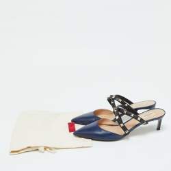 Pre Owned Valentino Navy Blue/Black Leather Rockstud Pointed Toe Mules Size 41