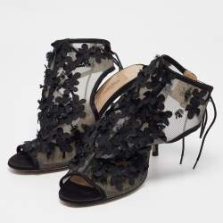 Valentino Black Mesh Floral Applique Ankle Tie Sandals Size 39