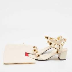 Pre Owned Valentino Cream Leather Roman Stud Ankle Strap Sandals Size 37