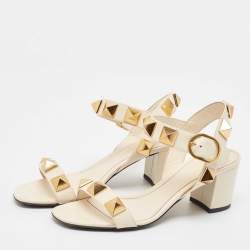 Pre Owned Valentino Cream Leather Roman Stud Ankle Strap Sandals Size 37