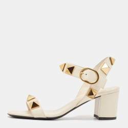 Pre Owned Valentino Cream Leather Roman Stud Ankle Strap Sandals Size 37