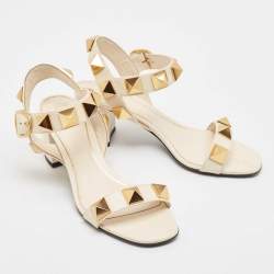 Pre Owned Valentino Cream Leather Roman Stud Ankle Strap Sandals Size 37