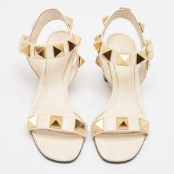 Pre Owned Valentino Cream Leather Roman Stud Ankle Strap Sandals Size 37