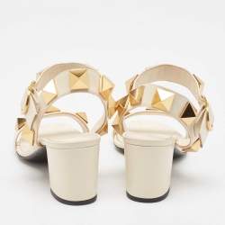 Pre Owned Valentino Cream Leather Roman Stud Ankle Strap Sandals Size 37