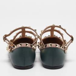 Pre Owned Valentino Green/Pink Leather Rockstud Caged Ballet Flats Size 38.5