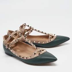 Pre Owned Valentino Green/Pink Leather Rockstud Caged Ballet Flats Size 38.5