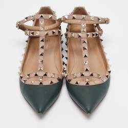 Pre Owned Valentino Green/Pink Leather Rockstud Caged Ballet Flats Size 38.5