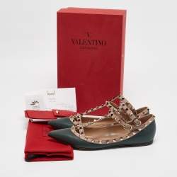 Pre Owned Valentino Green/Pink Leather Rockstud Caged Ballet Flats Size 38.5