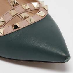 Pre Owned Valentino Green/Pink Leather Rockstud Caged Ballet Flats Size 38.5