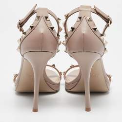 Pre Owned Valentino Beige Leather Rockstud Ankle Strap Sandals 39