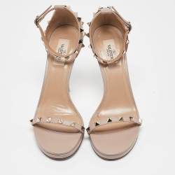 Pre Owned Valentino Beige Leather Rockstud Ankle Strap Sandals 39
