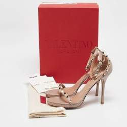 Pre Owned Valentino Beige Leather Rockstud Ankle Strap Sandals 39
