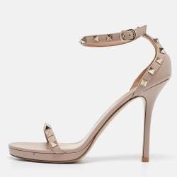 Pre Owned Valentino Beige Leather Rockstud Ankle Strap Sandals 39