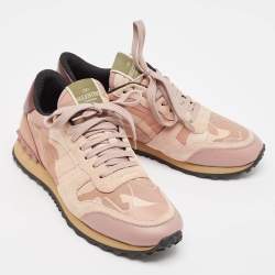 Pre Owned Valentino Pink Camouflage Canvas and Suede Rockrunner Sneakers Size 38