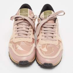 Pre Owned Valentino Pink Camouflage Canvas and Suede Rockrunner Sneakers Size 38