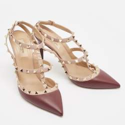 Valentino Plum/Dusty Pink Leather Rockstud Ankle Strap Pumps Size 40