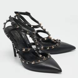 Pre Owned Valentino Black Leather Rockstud Pumps Size 37