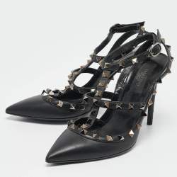 Pre Owned Valentino Black Leather Rockstud Pumps Size 37