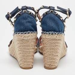 Valentino Navy Blue Denim Rockstud Wedge Sandals Size 39