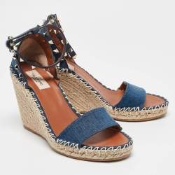 Valentino Navy Blue Denim Rockstud Wedge Sandals Size 39