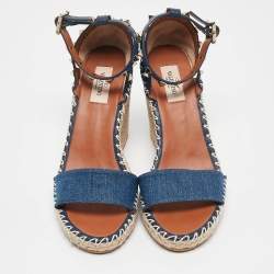 Valentino Navy Blue Denim Rockstud Wedge Sandals Size 39