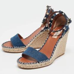 Valentino Navy Blue Denim Rockstud Wedge Sandals Size 39