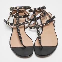 Pre Owned Valentino Black Leather Rockstud Ankle Strap Flat Sandals Size 39