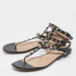 Pre Owned Valentino Black Leather Rockstud Ankle Strap Flat Sandals Size 39