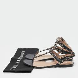 Pre Owned Valentino Black Leather Rockstud Ankle Strap Flat Sandals Size 39