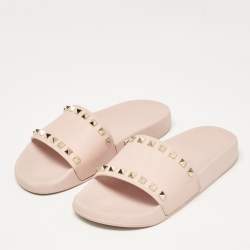 Pre Owned Valentino Pink Rubber Rockstud Slides Size 38