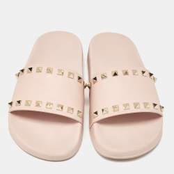 Pre Owned Valentino Pink Rubber Rockstud Slides Size 38