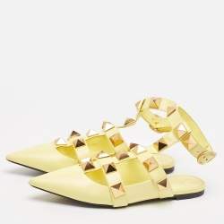 Pre Owned Valentino Yellow Leather Roman Stud Flat Sandals Size 40.5