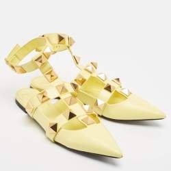 Pre Owned Valentino Yellow Leather Roman Stud Flat Sandals Size 40.5