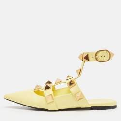 Pre Owned Valentino Yellow Leather Roman Stud Flat Sandals Size 40.5